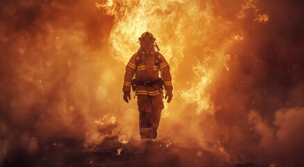 A fireman in full gear walking towards the camera, with smoke and flames behind him, symbolizing their heroism during dangerous fires.