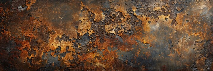 A flat texture of rusted metal with visible wear and tear, perfect for creating realistic effects in design projects. The background features an aged surface with brown tones, showcasing the unique