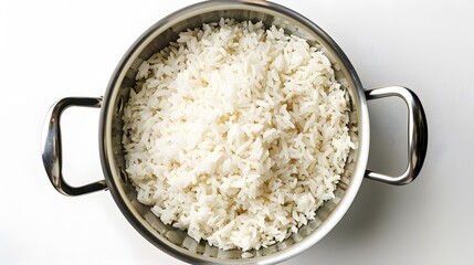 Top view shot capturing rice in a pan.