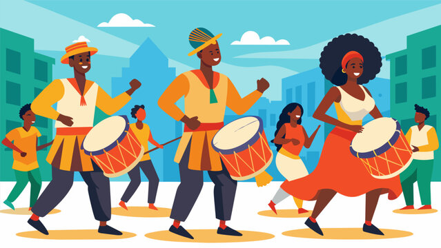 The rhythmic sounds of traditional African drum music leading a group of dancers through the streets in a vibrant parade invoking a sense of pride and. Vector illustration