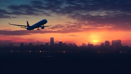 Airplane is flying in colorful sky over the city at night. Landscape with passenger airplane, skyline, purple sky with red and pink clouds. Aircraft is landing at sunset. Aerial view. Transport