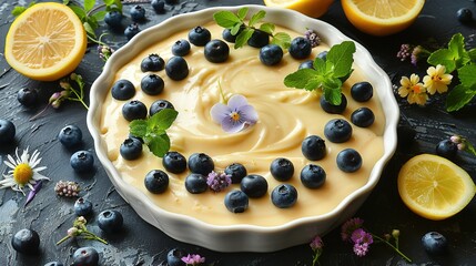   A bowl full of blueberries, lemons, and mint rests atop a table adorned with bouquets and lemon wedges