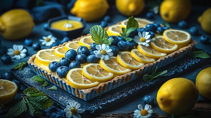  A lemon tart topped with blueberries and surrounded by lemons and flowers on a table