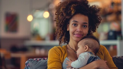 A woman tenderly cradling a baby in her arms, showing maternal love and care.