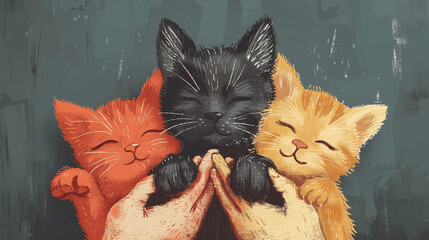 hands hug three kittens, cozy and small illustration, Generative AI.