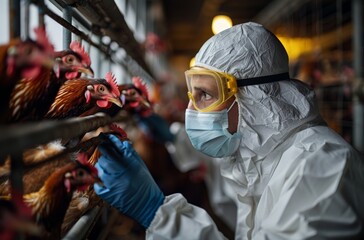 A health worker in protective gear and mask is inspecting chickens at a farm, to make sure they do not have H5N1 avian influenza. The photograph has an eerie and scary style. 