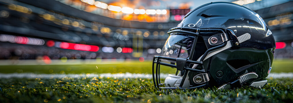 Helmeted American soccer player on a field with a stadium in the background.