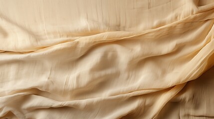 Detailed view of beige  linen cotton satin fabric, bed sheet , showcasing its texture and design