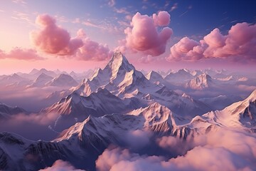 Aerial view of a mountain range captured from a plane flying overhead. The peaks and valleys stretch out into the distance under  sky with pink clouds - Powered by Adobe