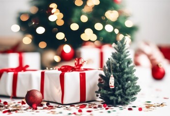 'white present tree Christmas xmas confetti background. pine decoration surprise element postcard layout star eco ornament effect festive border greeting celebrate gold ball compositio'