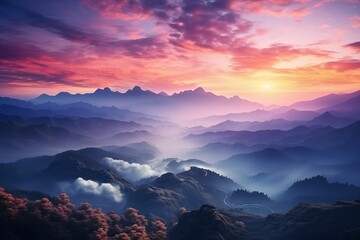 A stunning view of the sun setting behind a mountain range, casting a warm glow over the peaks and valleys