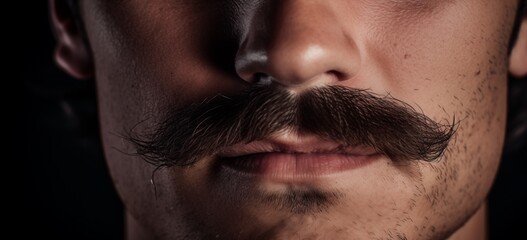 Close up view of a mans face showcasing a well-defined mustache. Good for barber shop, barber cosmetics