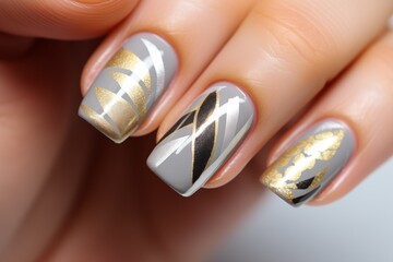 Manicured hand showcasing intricate gold and silver designs resembling art deco patterns, macro photo