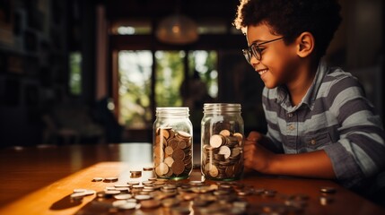 Young Black boy sits at a table, carefully placing a lid on a jar filled with various coins he has saved over time. Financial literacy