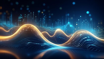 futuristic blue and yellow digital background for tech, AI, data, audio, graphics with waves and dots 