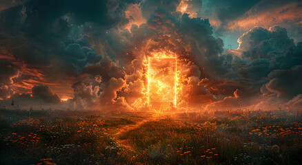 A mysterious glowing door in a field surrounded by flowers and a magical cloudy sky.