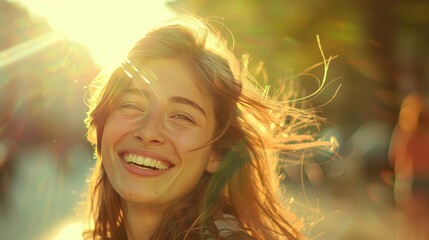 Young smiling woman outdoors portrait. Soft sunny colors.beautiful smiling girl. Woman in the city in summertime. Summer outdoor portrait? Freedom. Beauty. Wind. Sun.