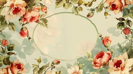 Vintage floral wallpaper design with central oval frame