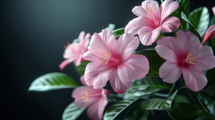 A close up of a pink flower with green leaves on it, AI