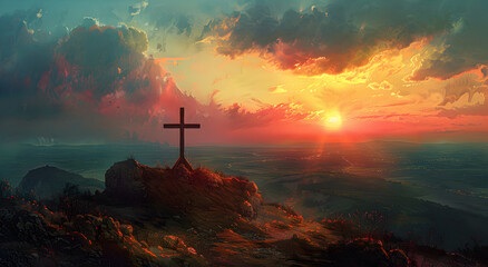 Oil painting of a cross standing on top of a hill during sunset.