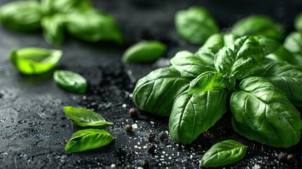   A close-up of green leaves on a black surface with sprinkles on the ground