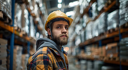 A helmeted worker in a warehouse.