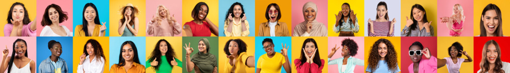 Colorful collage showing a variety of women and their reactions to different situations on colorful...