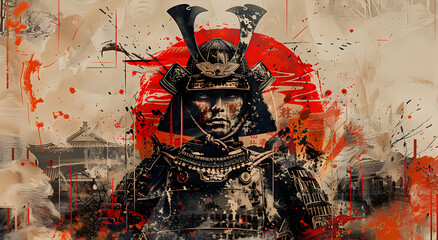 Close-up portrait of a samurai with Japanese elements.