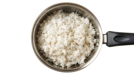 Top view shot capturing rice in a pan.