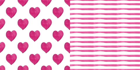 Abstract pair collection. Vintage backgrounds of hearts and stripes. Modern fashionable minimalist style. Pink watercolor. Seamless basic patterns for your design