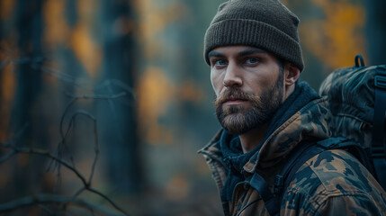 Obraz premium Modern survivalist with backpack and necessary survival equipment