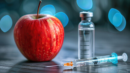 A genetically modified apple sits beside a syringe, symbolizing the altering of genetic material through genetic engineering techniques