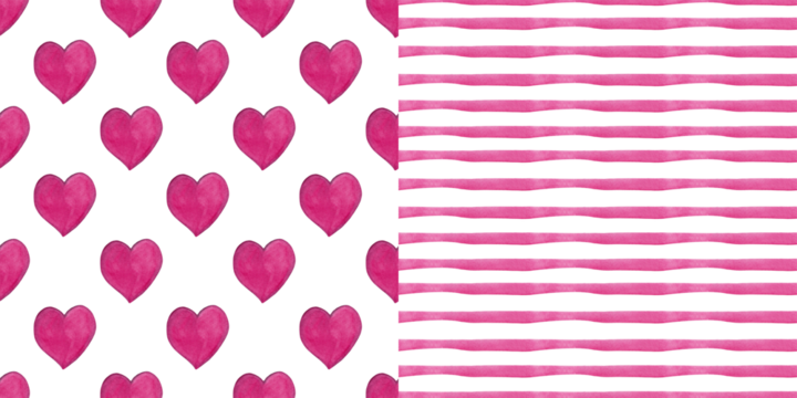 Abstract pair collection. Vintage backgrounds of hearts and stripes. Modern fashionable minimalist style. Pink watercolor. Seamless basic patterns for your design