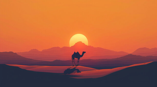 camel silhouette in the desert very hot day, sunset and sky color is like yellow, 