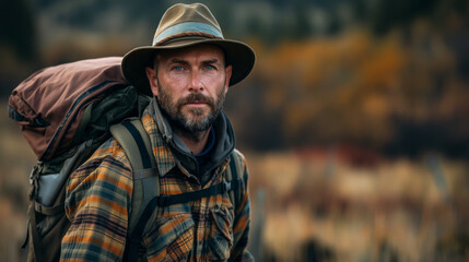 Modern survivalist with backpack and necessary survival equipment