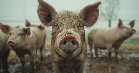 A pig pen full of pigs, looking at the camera, in an American factory farm. The photo was taken with 