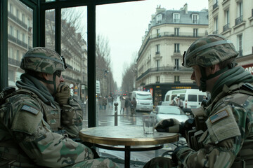 two military patrol soldiers relax in a cafe near a window overlooking the city