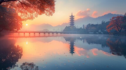 Stunning morning scene captures the tranquility of West Lake, with the Long Bridge and Leifeng Pagoda enhanced by warm autumn colors.