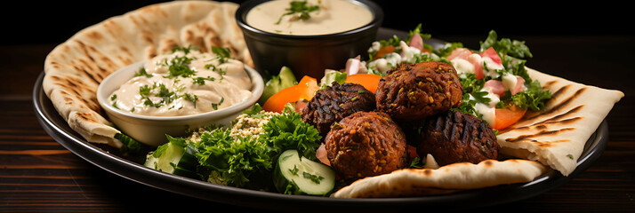 A flavorful and aromatic plate of Middle Eastern falafel with tahini sauce and pita bread.