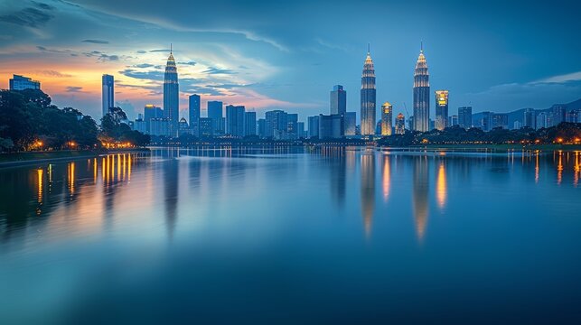 Breathtaking Kuala Lumpur skyline at dusk as the city lights reflect in the calm waters of Taman Tasik Titiwangsa.