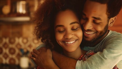Happy couple in love hugging on a dark background. Concept of care, tenderness of love. and connection. Family couple embracing. 