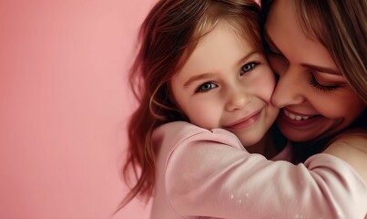 Macro of a young beautiful mother hugs her daughter. Children's day and Mother's day concept on the pink background. Mother's care and love. Happy mother with a child.