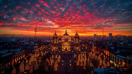 Stunning view of the Metropolitan Cathedral illuminated by Christmas lights at sunset in Zocalo,...