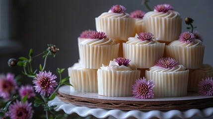   A plate of cupcakes on a cake stand, with pink flowers in the background