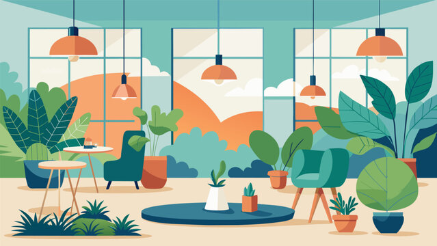 A natureinspired quiet space with plants natural light and cozy seating options for employees to take a break and destress. Vector illustration
