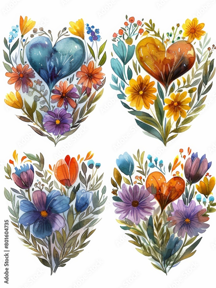 Canvas Prints Four watercolor paintings of hearts with flowers and leaves. Generative AI.