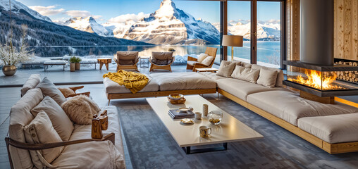  Luxury Mountain Retreat with Panoramic Lake and Mountain Views. Modern Living Room with Floor-to-Ceiling Windows, Fireplace, and Cozy Seating. - obrazy, fototapety, plakaty