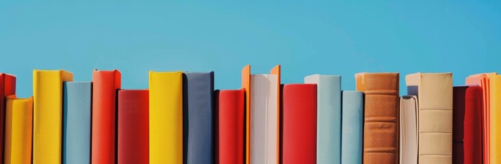 A row of colorful books against a blue sky background. Generative AI.