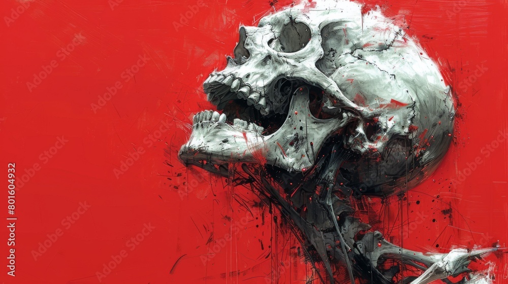 Wall mural a painting of a skull with red paint splattered on it, ai