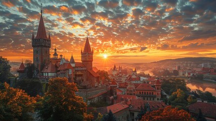 Breathtaking view of Hunyad Castle at sunrise with orange-hued skies and autumnal trees in the foreground. A perfect blend of nature and architecture.